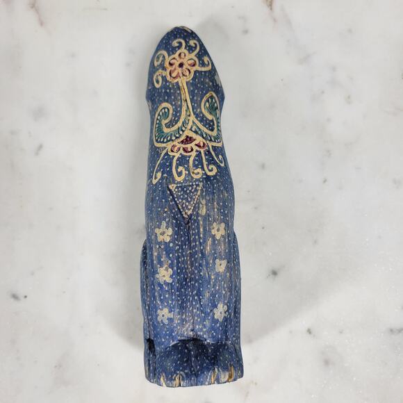 VTG Wooden Cat Shelf Sitter 6" Blue Hand Made Carved Painted Paisley Floral - Picture 14 of 16